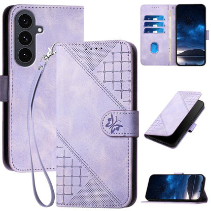 Grid Butterfly Embossed Pattern Leather Phone Case with Lanyard