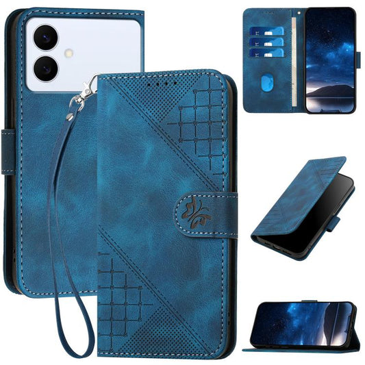 Grid Butterfly Embossed Pattern Leather Phone Case with Lanyard