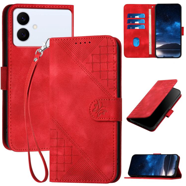 Grid Butterfly Embossed Pattern Leather Phone Case with Lanyard