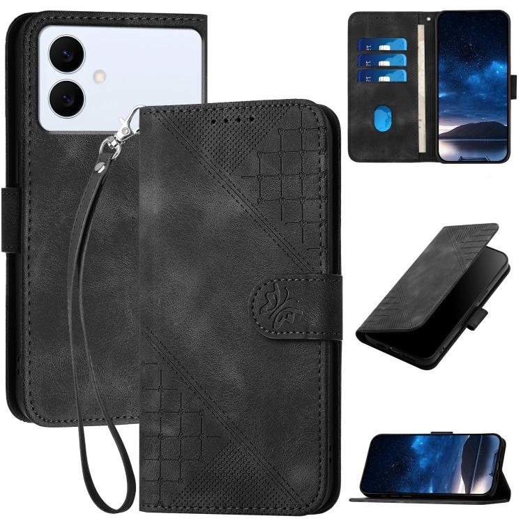 Grid Butterfly Embossed Pattern Leather Phone Case with Lanyard