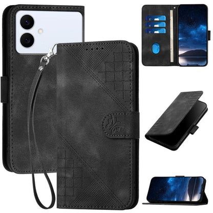 Grid Butterfly Embossed Pattern Leather Phone Case with Lanyard