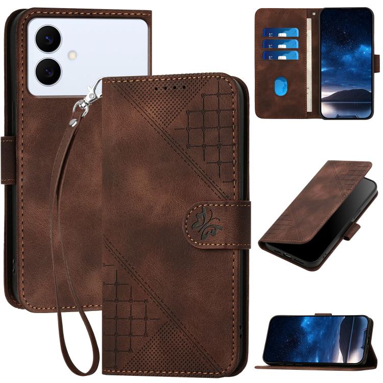 Grid Butterfly Embossed Pattern Leather Phone Case with Lanyard