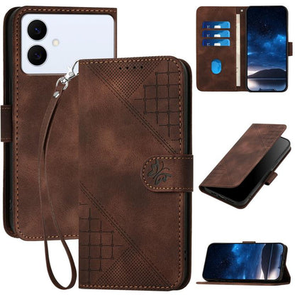 Grid Butterfly Embossed Pattern Leather Phone Case with Lanyard