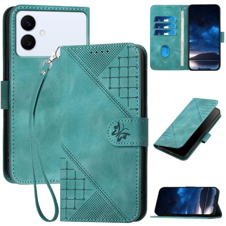 Grid Butterfly Embossed Pattern Leather Phone Case with Lanyard