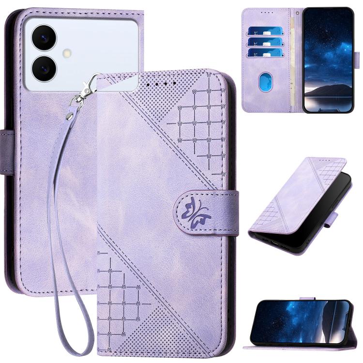 Grid Butterfly Embossed Pattern Leather Phone Case with Lanyard