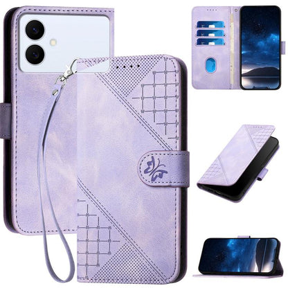 Grid Butterfly Embossed Pattern Leather Phone Case with Lanyard