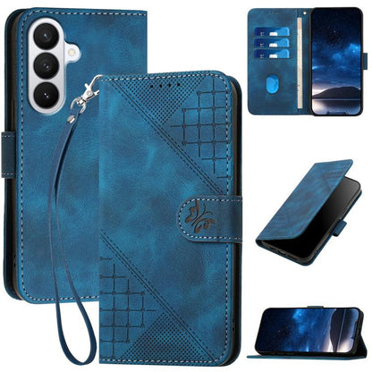 Grid Butterfly Embossed Pattern Leather Phone Case with Lanyard