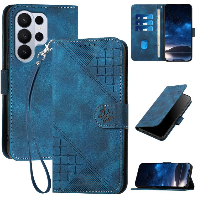Grid Butterfly Embossed Pattern Leather Phone Case with Lanyard