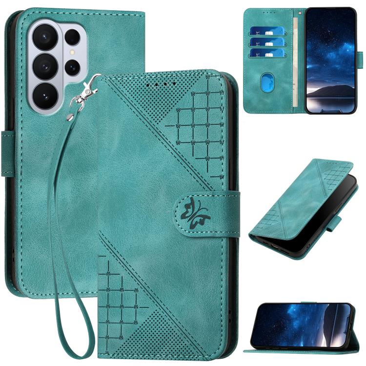 Grid Butterfly Embossed Pattern Leather Phone Case with Lanyard