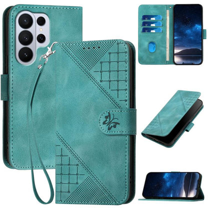Grid Butterfly Embossed Pattern Leather Phone Case with Lanyard