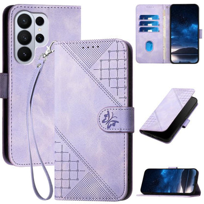 Grid Butterfly Embossed Pattern Leather Phone Case with Lanyard