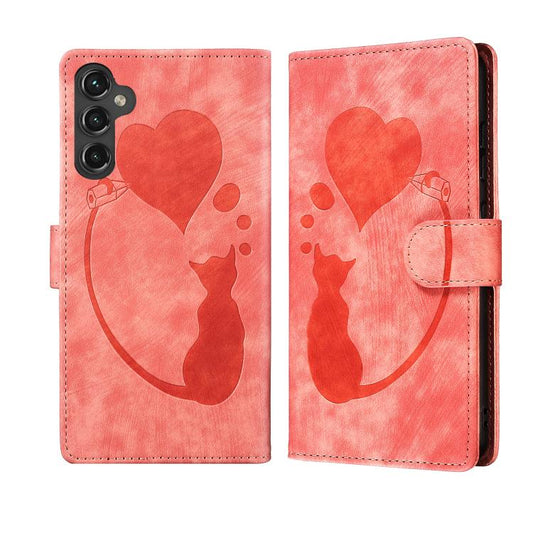 Pen Heart Cat Embossed Leather Phone Case