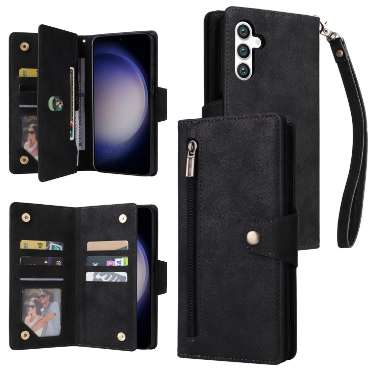 Rivet Buckle 9 Cards Three Fold Leather Phone Case