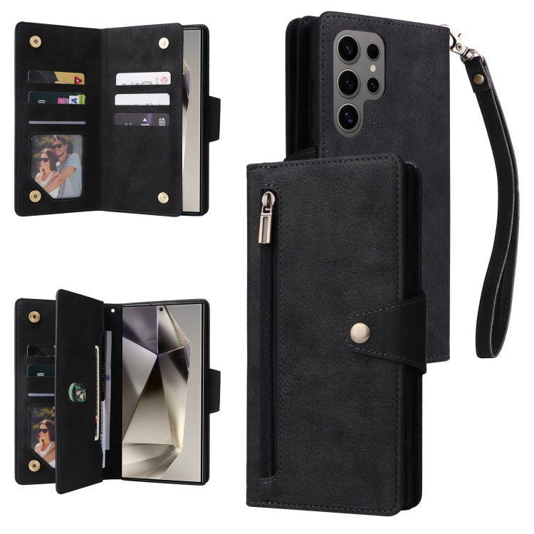 Rivet Buckle 9 Cards Three Fold Leather Phone Case