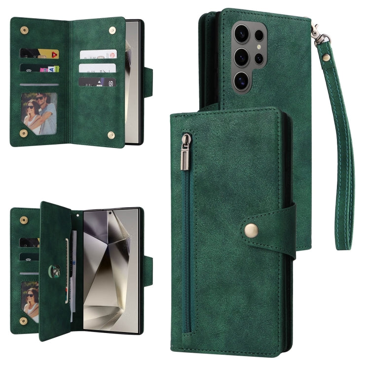 Rivet Buckle 9 Cards Three Fold Leather Phone Case