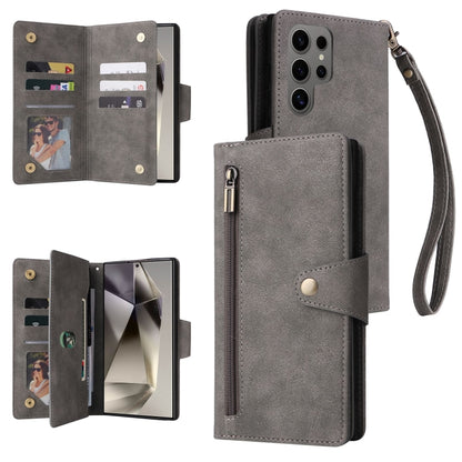 Rivet Buckle 9 Cards Three Fold Leather Phone Case