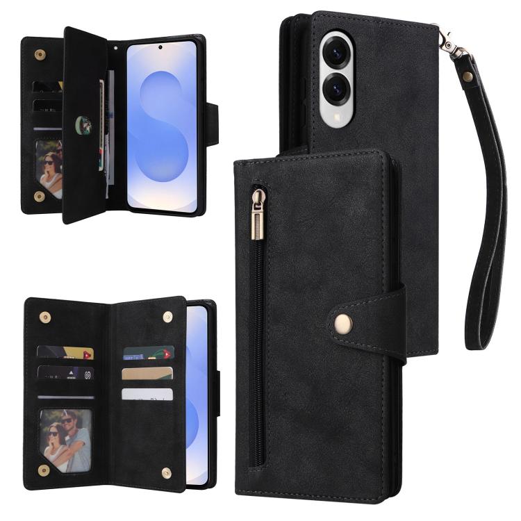 Rivet Buckle 9 Cards Three Fold Leather Phone Case