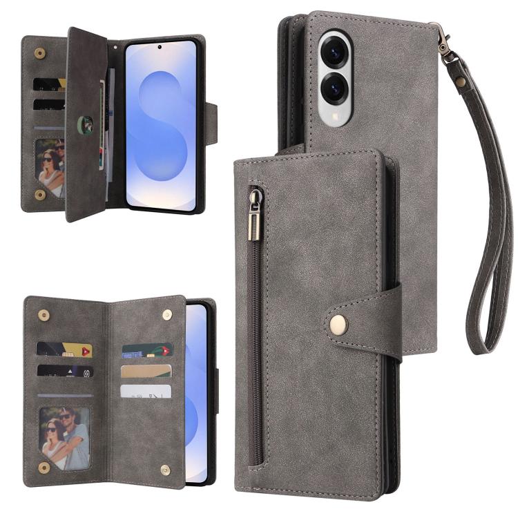 Rivet Buckle 9 Cards Three Fold Leather Phone Case