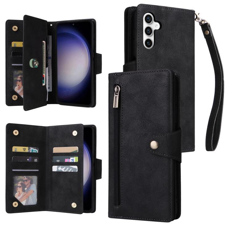 Rivet Buckle 9 Cards Three Fold Leather Phone Case