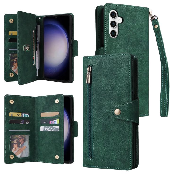 Rivet Buckle 9 Cards Three Fold Leather Phone Case