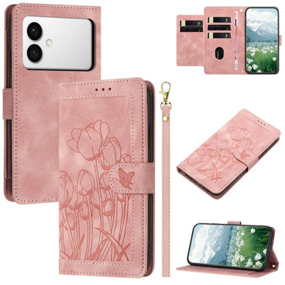 Tulips Embossed Leather Phone Case with Lanyard
