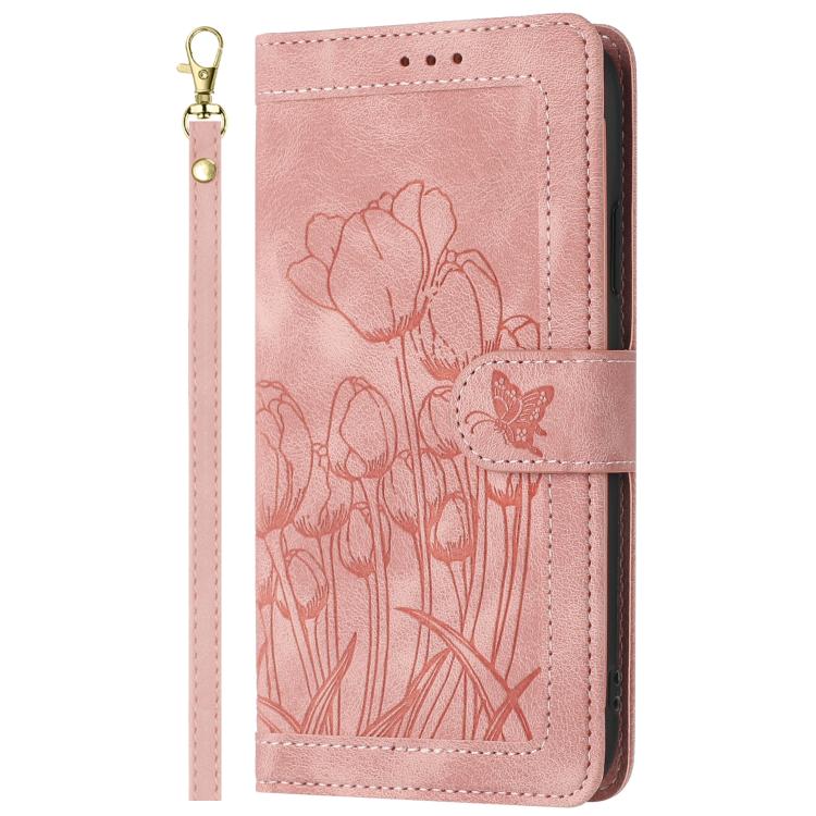 Tulips Embossed Leather Phone Case with Lanyard
