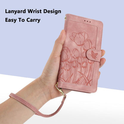 Tulips Embossed Leather Phone Case with Lanyard