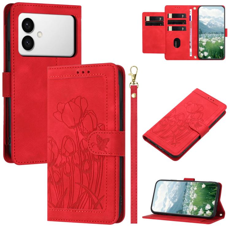 Tulips Embossed Leather Phone Case with Lanyard