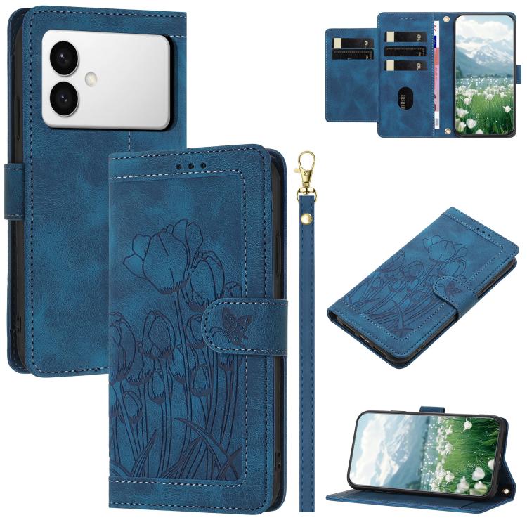 Tulips Embossed Leather Phone Case with Lanyard