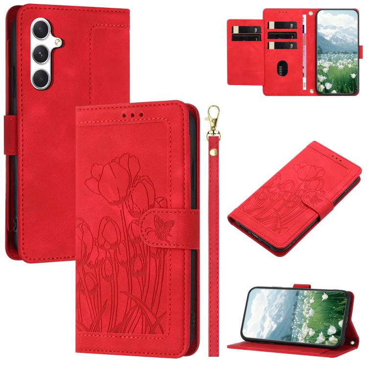 Tulips Embossed Leather Phone Case with Lanyard