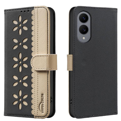Splicing Color Hollow Flower Pattern RFID Leather Phone Case