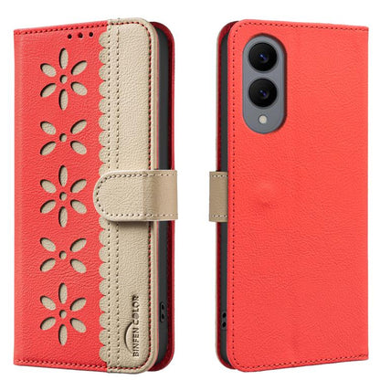 Splicing Color Hollow Flower Pattern RFID Leather Phone Case