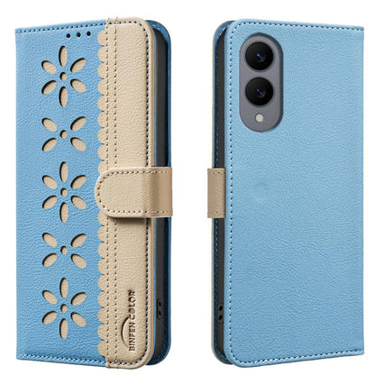 Splicing Color Hollow Flower Pattern RFID Leather Phone Case
