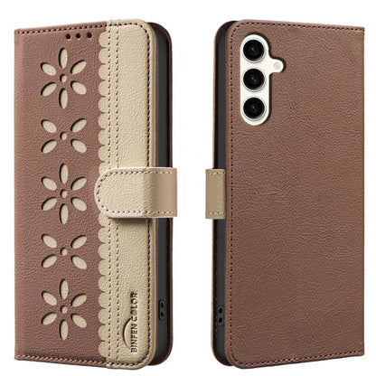 Splicing Color Hollow Flower Pattern RFID Leather Phone Case