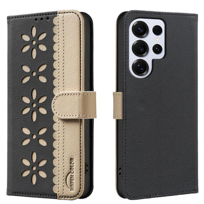 Splicing Color Hollow Flower Pattern RFID Leather Phone Case