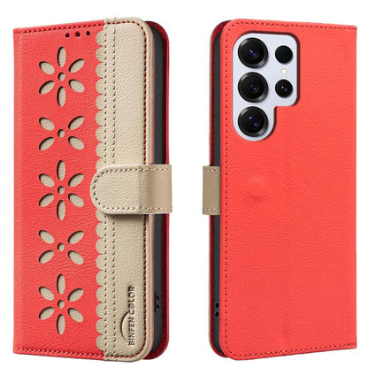 Splicing Color Hollow Flower Pattern RFID Leather Phone Case