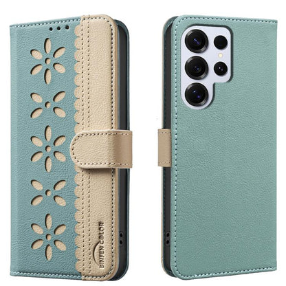 Splicing Color Hollow Flower Pattern RFID Leather Phone Case