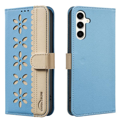 Splicing Color Hollow Flower Pattern RFID Leather Phone Case