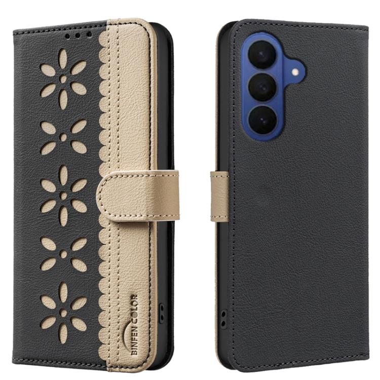 Splicing Color Hollow Flower Pattern RFID Leather Phone Case