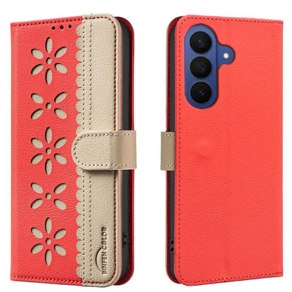 Splicing Color Hollow Flower Pattern RFID Leather Phone Case