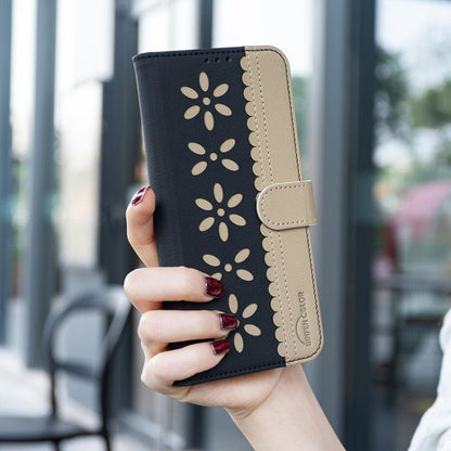 Splicing Color Hollow Flower Pattern RFID Leather Phone Case