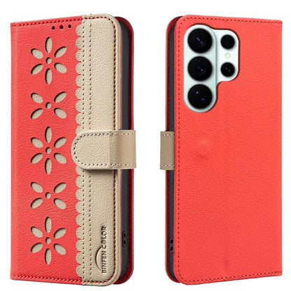 Splicing Color Hollow Flower Pattern RFID Leather Phone Case