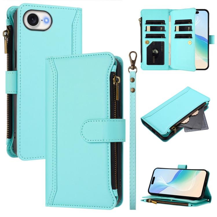 Magnetic Closure 9 Card Slots Zipper Leather Case with Hand Strap