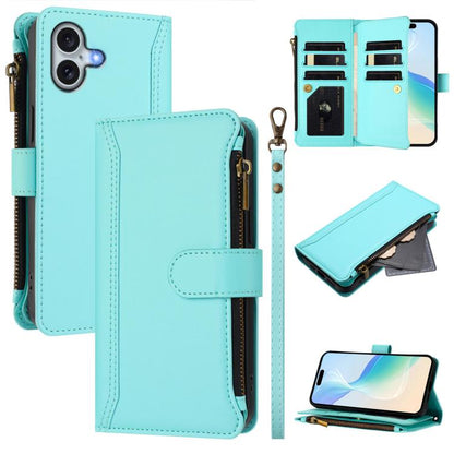 Magnetic Closure 9 Card Slots Zipper Leather Case with Hand Strap