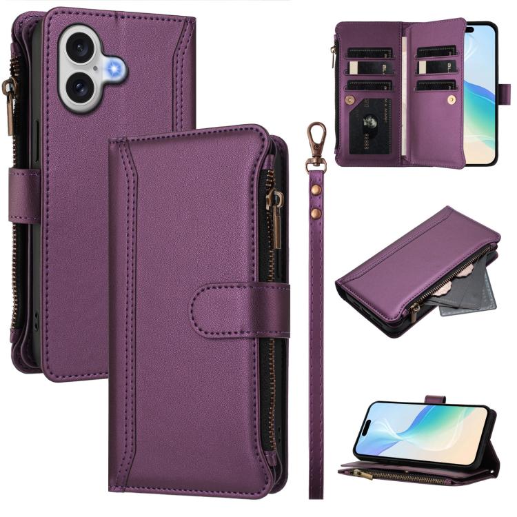 Magnetic Closure 9 Card Slots Zipper Leather Case with Hand Strap