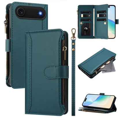 Magnetic Closure 9 Card Slots Zipper Leather Case with Hand Strap