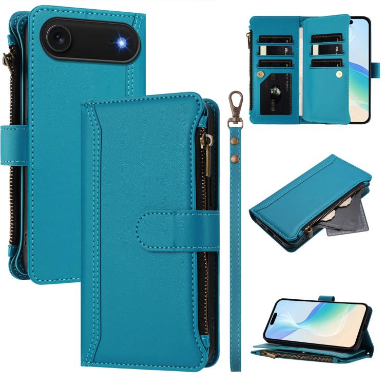 Magnetic Closure 9 Card Slots Zipper Leather Case with Hand Strap