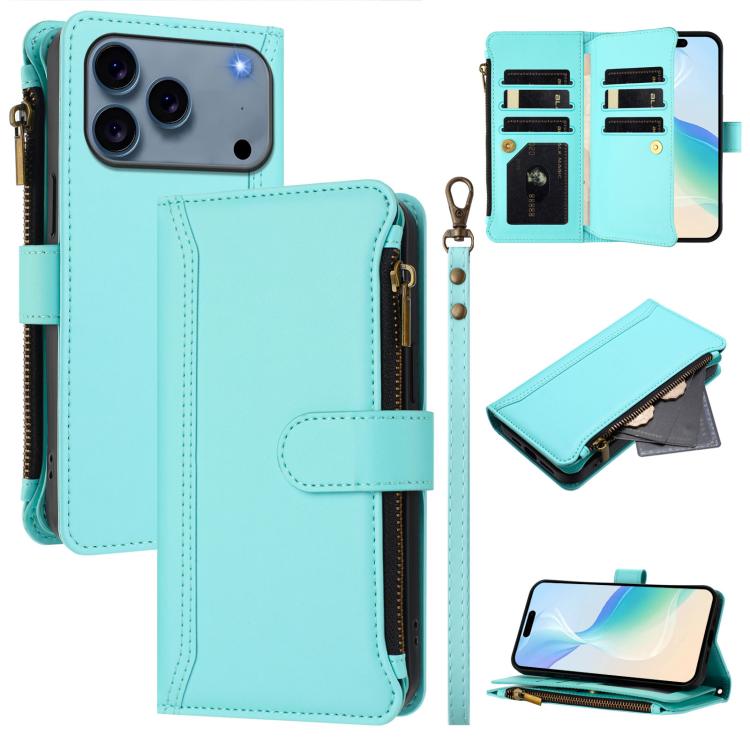 Magnetic Closure 9 Card Slots Zipper Leather Case with Hand Strap