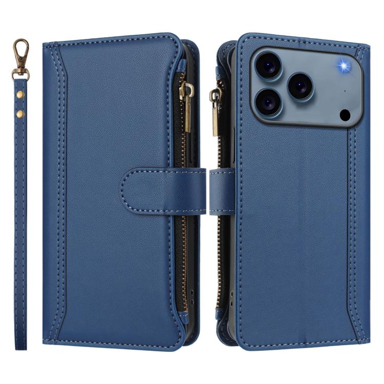 Magnetic Closure 9 Card Slots Zipper Leather Case with Hand Strap