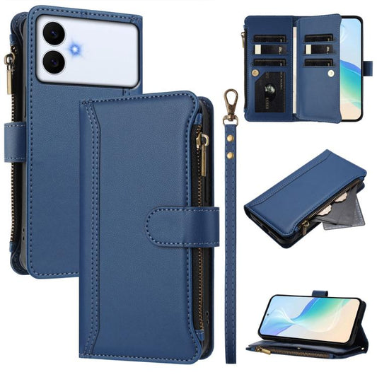 Magnetic Closure 9 Card Slots Zipper Leather Case with Hand Strap